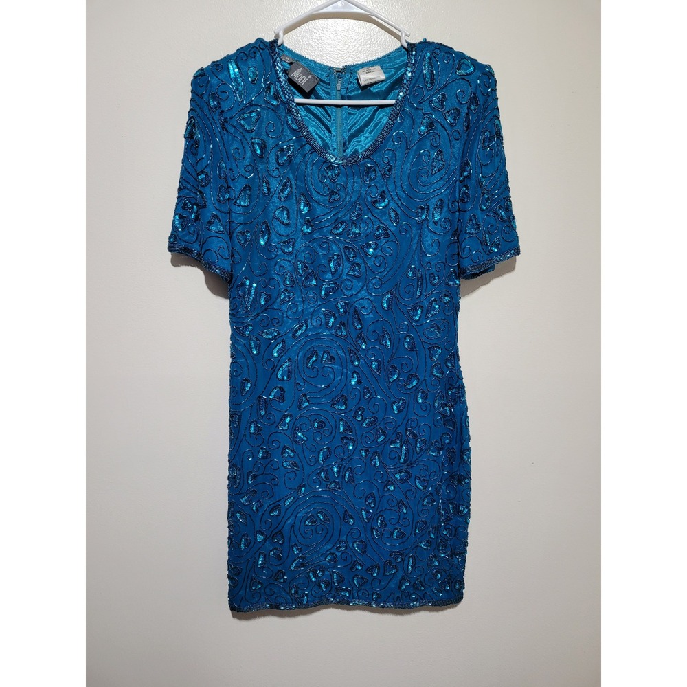 Vintage MODI Beaded Silk Dress Women M Turquoise Sequin‎ Mini Vintage Cocktail